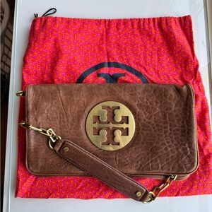 Tory Burch Brown Leather Wristlet with Gold Accent